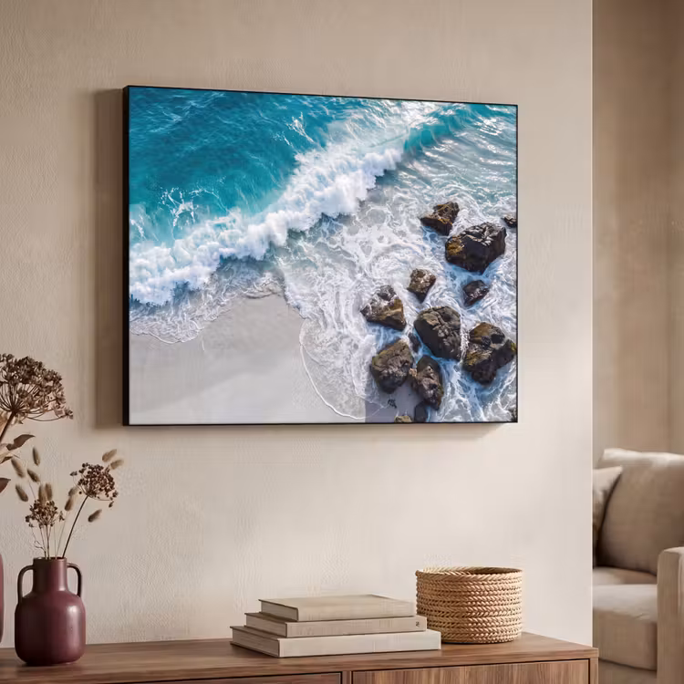 Zee - Golf - Strand - Natuur - Blauw Textielframe zwart klein -sfeer3