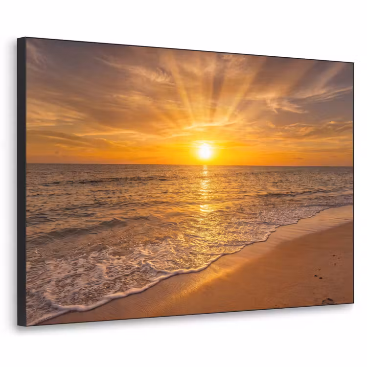 Zee - Zonsondergang - Golven - Kust - Oranje Textielframe zwart klein -3d