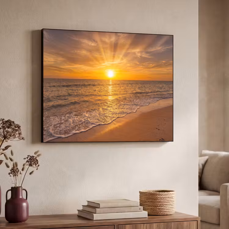 Zee - Zonsondergang - Golven - Kust - Oranje Textielframe zwart klein -sfeer3
