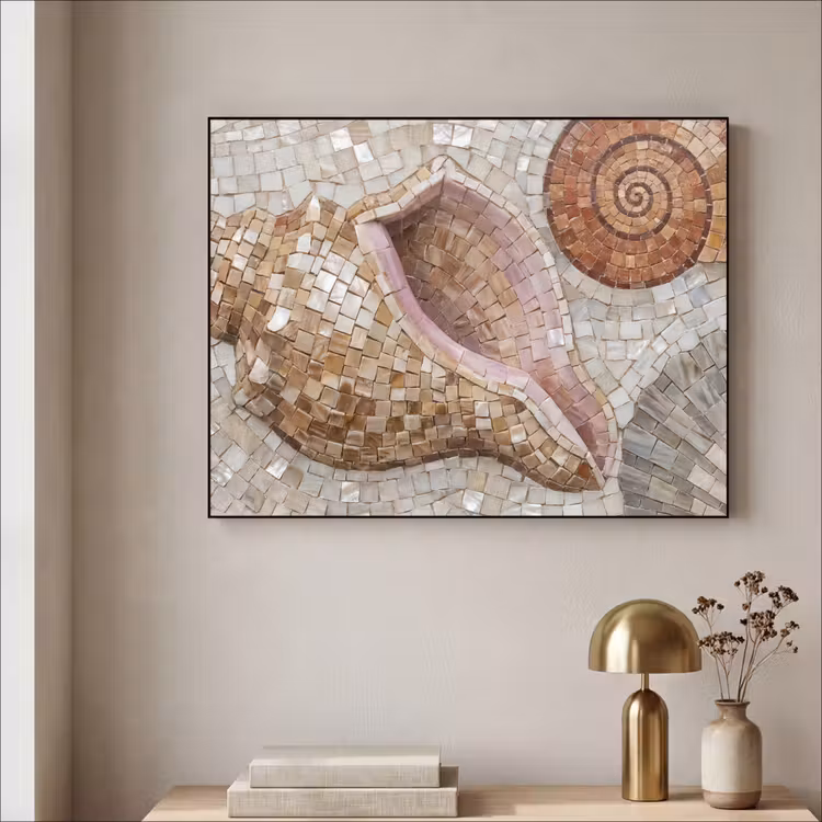 Schelp - Mozaïek - Zee - Beige - Modern Textielframe zwart klein -sfeer2