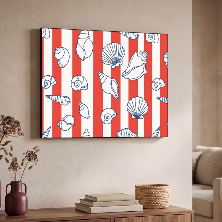 Schelp - Zeedieren - Zomer - Illustratie - Rood - Blauw Textielframe zwart klein -sfeer3