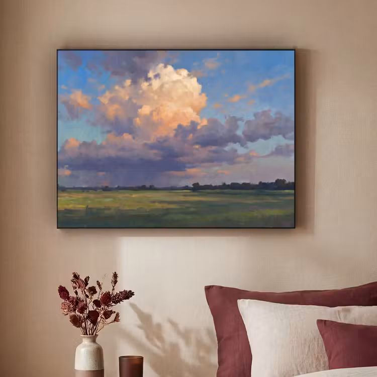 Lucht - Wolken - Landschap - Modern - Oranje Textielframe zwart klein -sfeer1