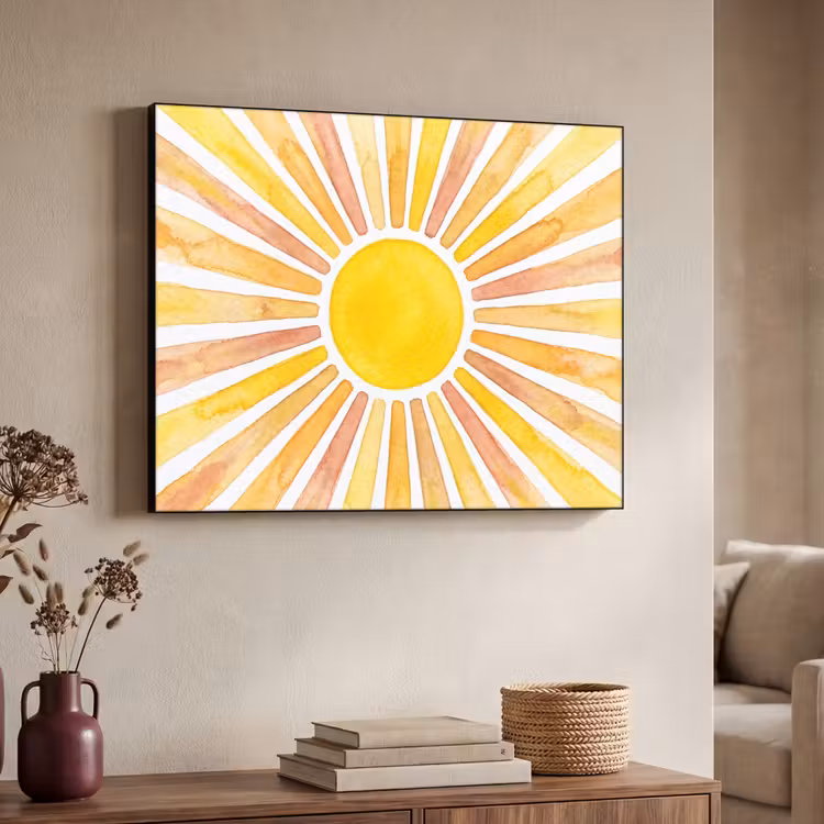 Zon - Stralen - Aquarel - Geel - Abstract Textielframe zwart klein -sfeer3