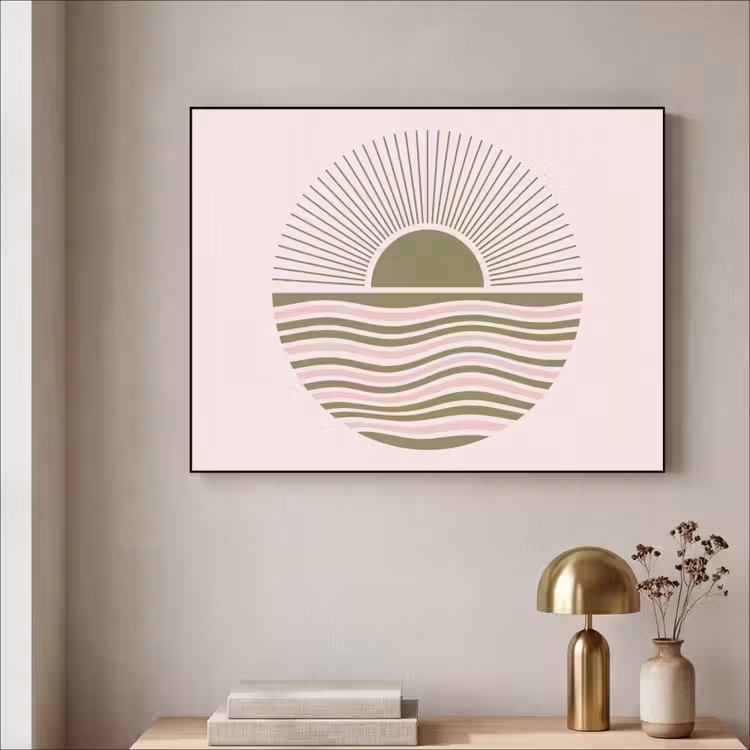 Zon - Zee - Abstract - Modern - Roze Textielframe zwart klein -sfeer2