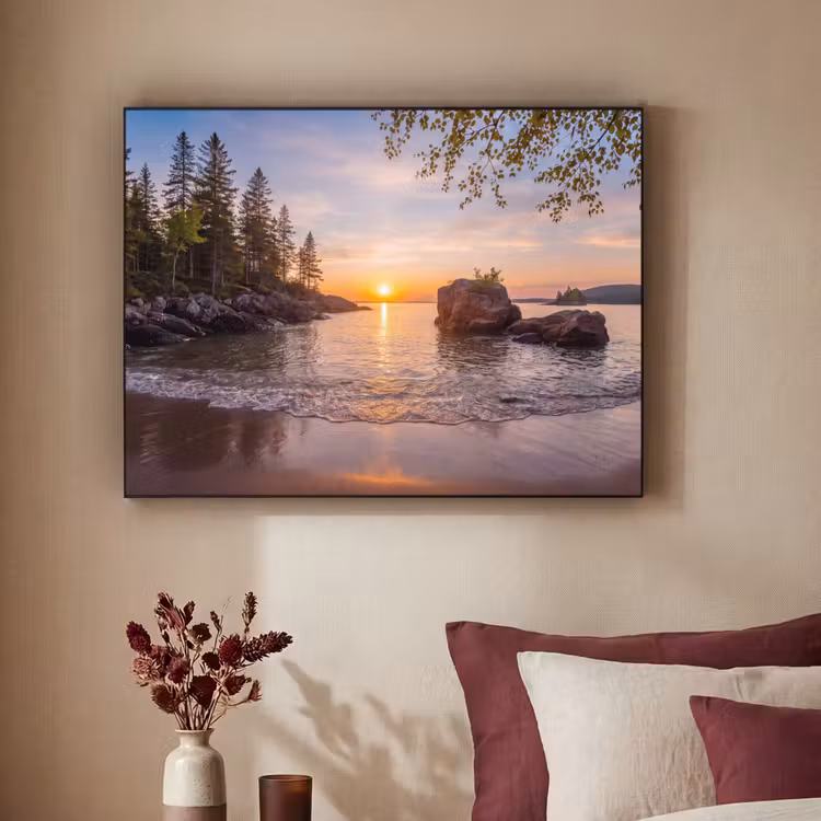 Zonsondergang - Kust - Water - Natuur - Oranje Textielframe zwart klein -sfeer1