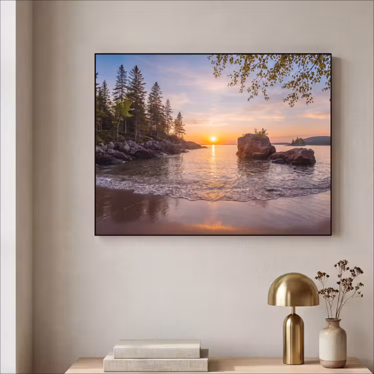 Zonsondergang - Kust - Water - Natuur - Oranje Textielframe zwart klein -sfeer2