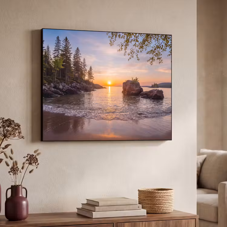 Zonsondergang - Kust - Water - Natuur - Oranje Textielframe zwart klein -sfeer3