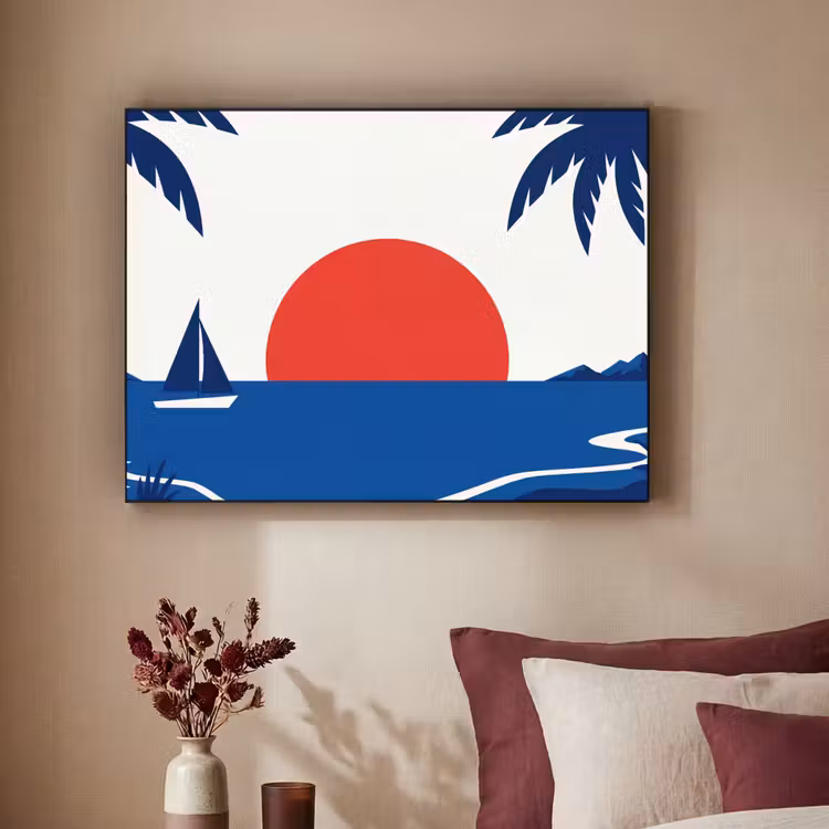 Zonsondergang - Zee - Palmboom - Tropisch - Modern Textielframe zwart klein -sfeer1