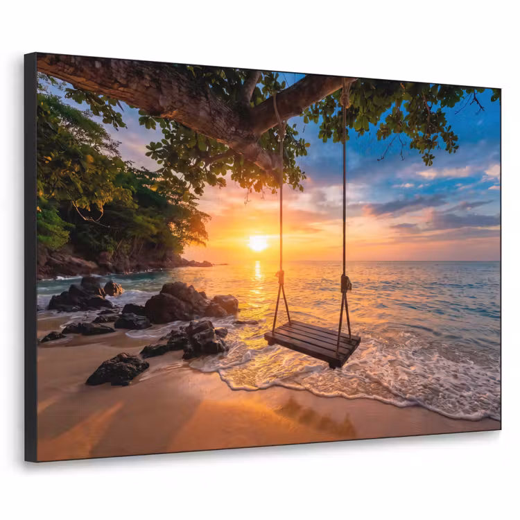 Schommel - Strand - Zonsondergang - Natuur - Oranje Textielframe zwart klein -3d
