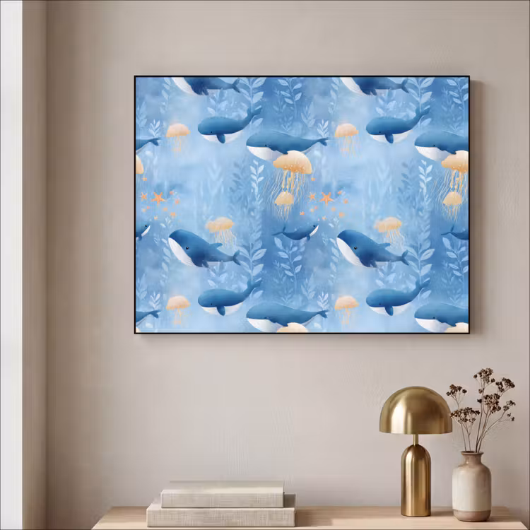 Walvissen - Oceaan - Blauw Textielframe zwart klein 947 -sfeer2