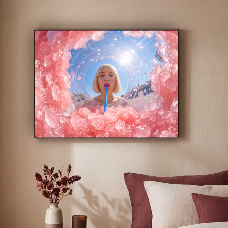 Vrouw - Drank - Zomer - Roze - Blauw Textielframe zwart klein -sfeer1