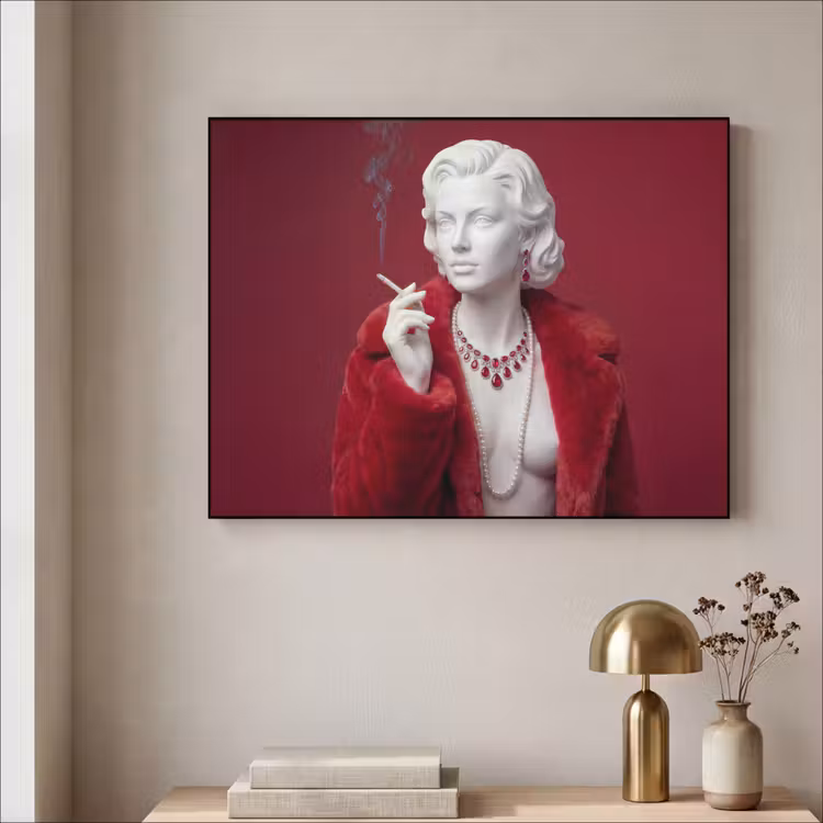Vrouw - Bontjas - Mode - Klassiek - Rood Textielframe zwart klein -sfeer2