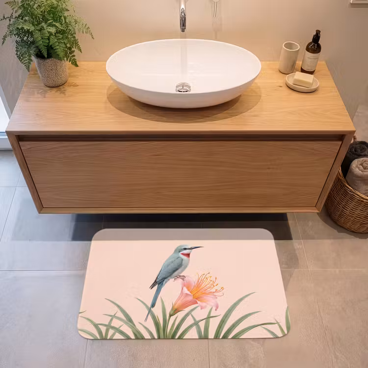 Vogel - Bloem - Natuur - Roze Badmat klein -sfeer1