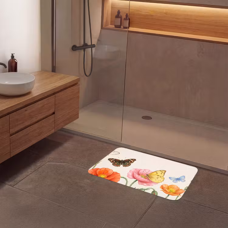 Vlinders - Klaprozen - Illustratie - Kleurrijk Badmat middel -sfeer2