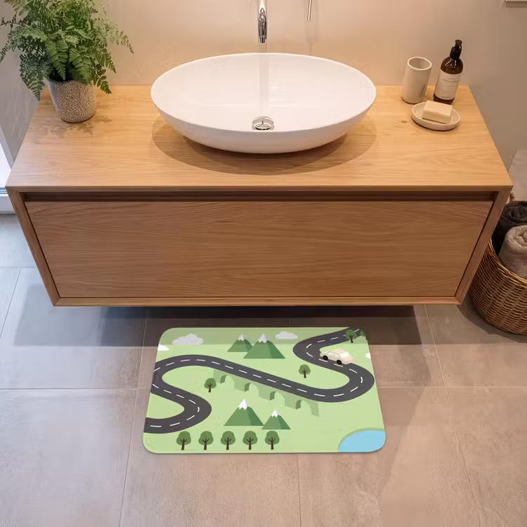 Auto - Bergweg - Natuur - Illustratie Badmat klein -sfeer1