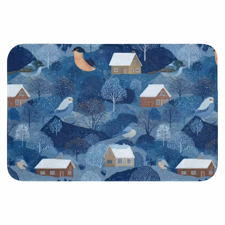 Huisjes - Vogels - Sneeuw - Winter - Blauw Badmat klein 997 -3d