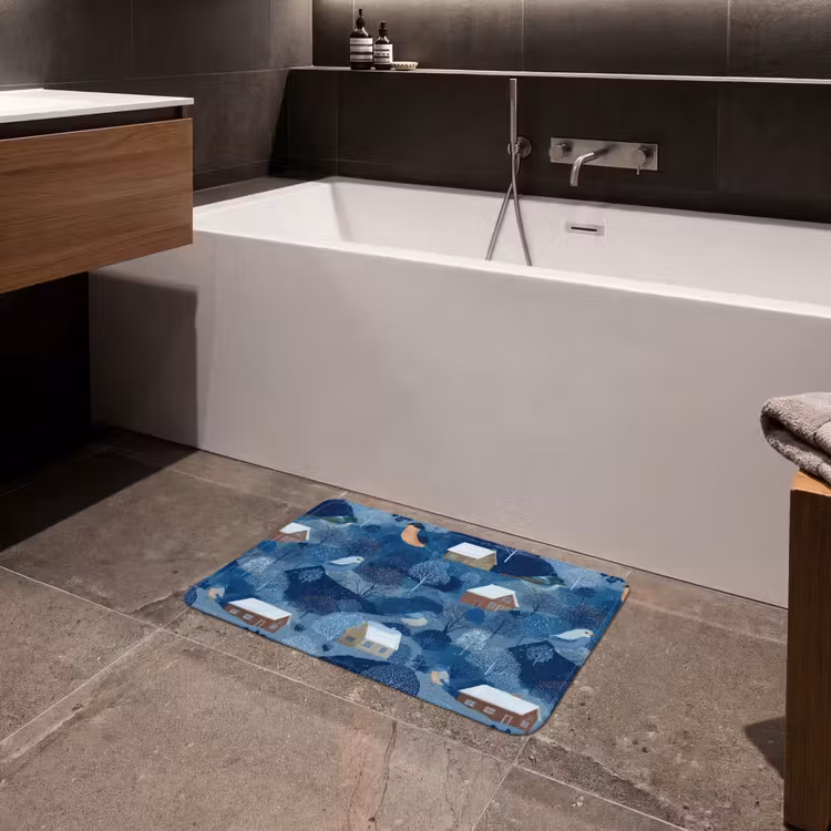 Huisjes - Vogels - Sneeuw - Winter - Blauw Badmat klein 997 -sfeer3
