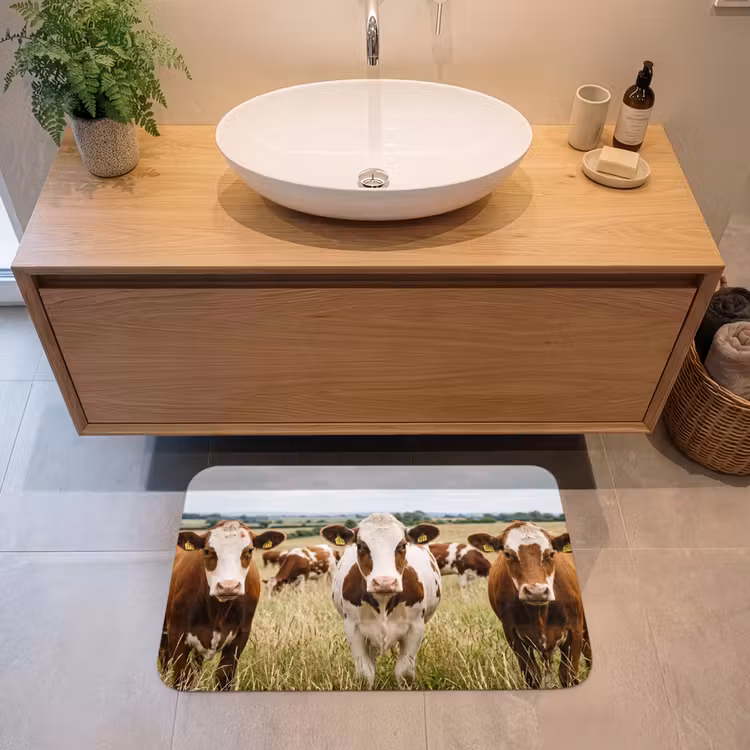 Koeien - Portret - Weide - Boerderij - Nieuwsgierig Badmat middel -sfeer1
