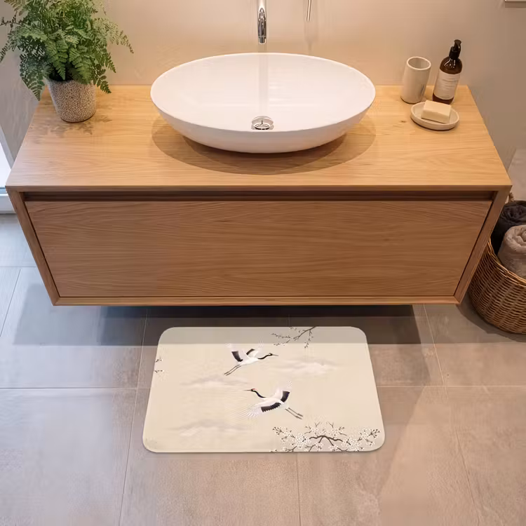 Kraanvogels - Bloesem - Beige Badmat klein -sfeer1