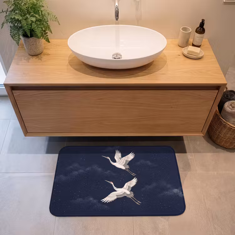 Kraanvogels - Nachthemel - Blauw Badmat middel -sfeer1