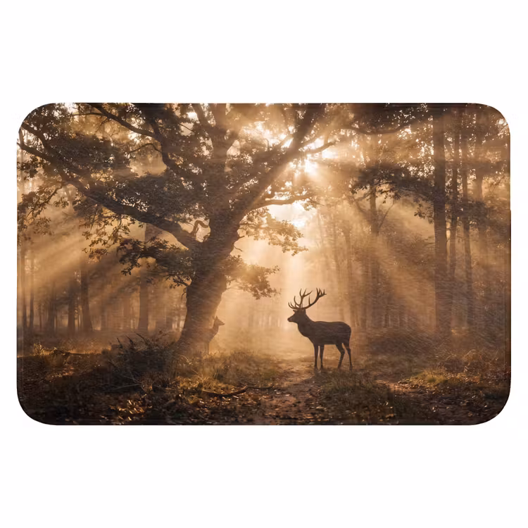 Hert - Bos - Mistig - Natuur - Goud Badmat klein -3d