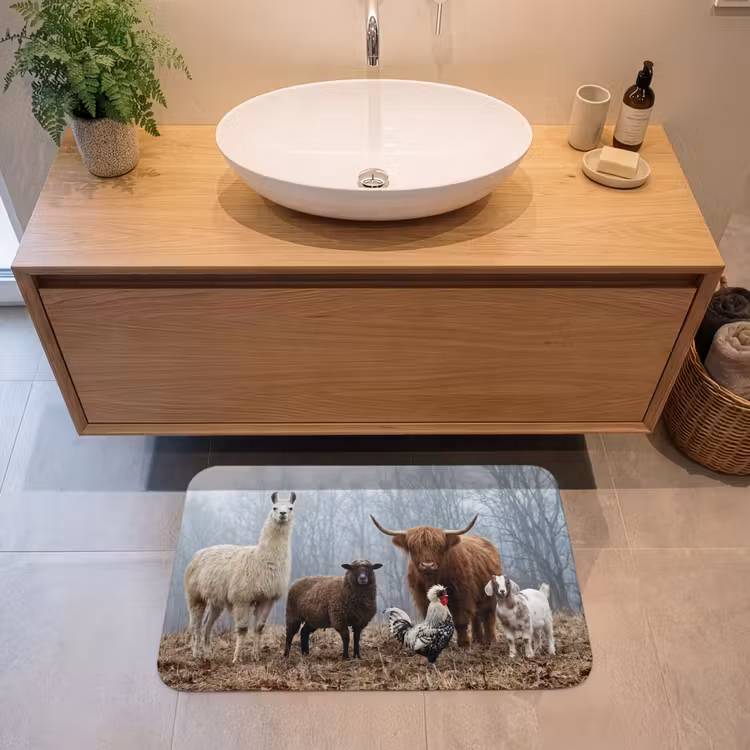 Boerderijdieren - Groep - Mist - Natuur - Rustiek Badmat middel -sfeer1