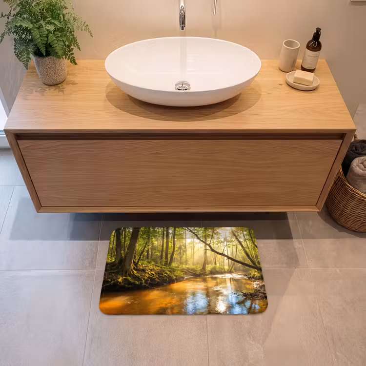 Bos - Beek - Zonlicht - Natuur - Groen Badmat klein -sfeer1