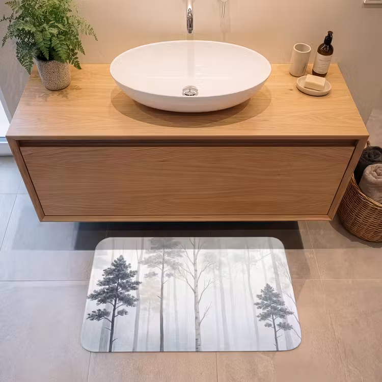 Bos - Bomen - Mist - Natuur - Illustratie - Grijs Badmat middel -sfeer1