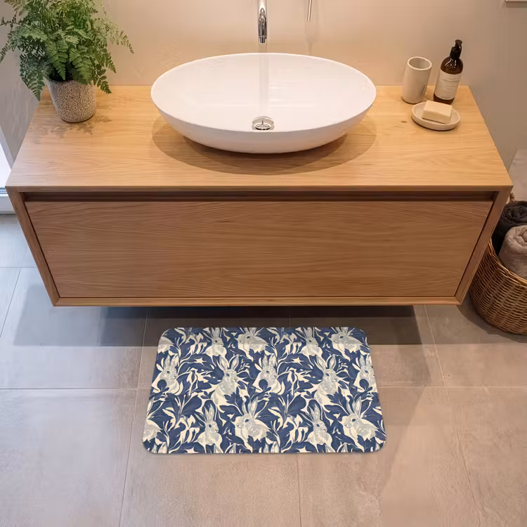 Hazen - Bladeren - Patroon - Blauw - Beige Badmat klein 997 -sfeer1