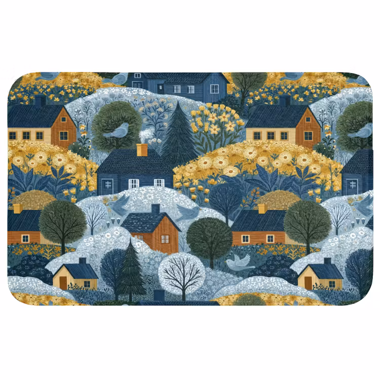 Huisjes - Bloemen - Patroon - Geel - Blauw Badmat klein 997 -3d