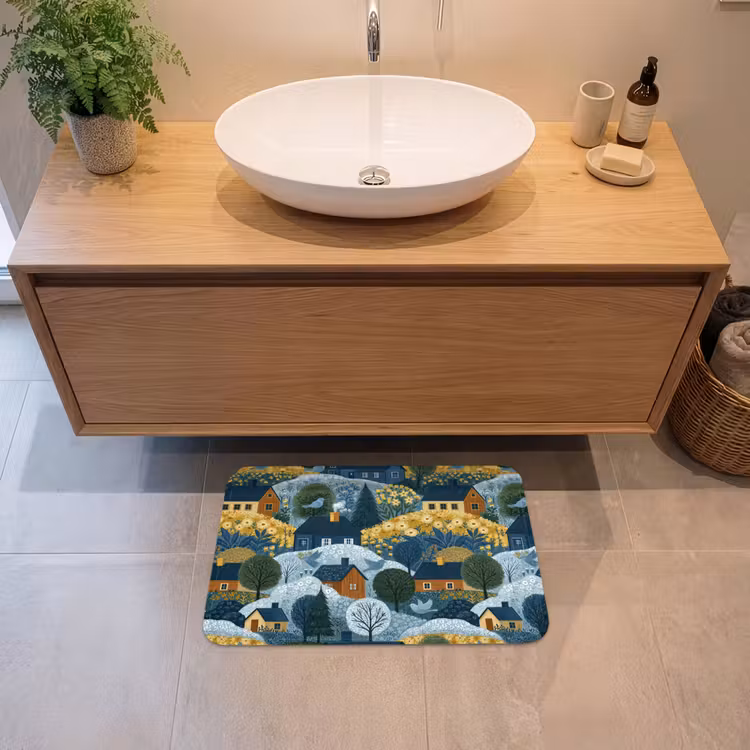 Huisjes - Bloemen - Patroon - Geel - Blauw Badmat klein 997 -sfeer1