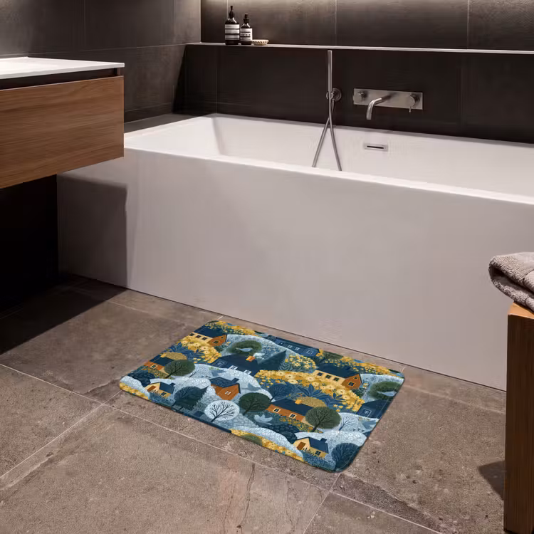 Huisjes - Bloemen - Patroon - Geel - Blauw Badmat klein 997 -sfeer3