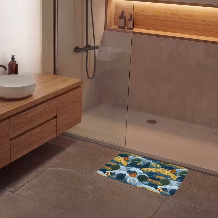 Huisjes - Bloemen - Patroon - Geel - Blauw Badmat klein 997 -sfeer2