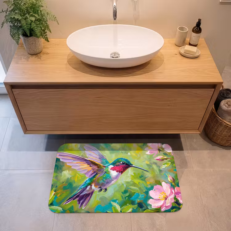 Kolibrie - Bloemen - Natuur - Kleurrijk Badmat klein -sfeer1