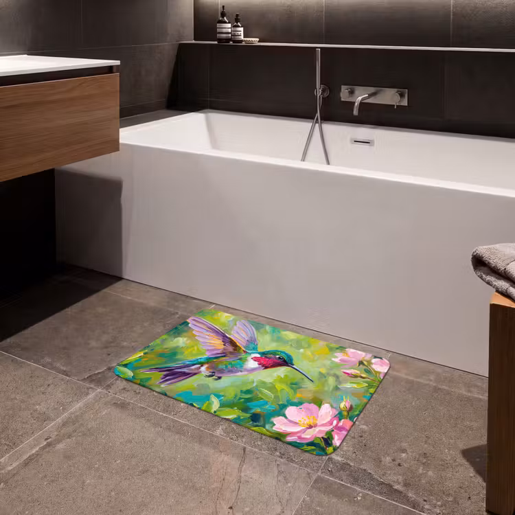 Kolibrie - Bloemen - Natuur - Kleurrijk Badmat klein -sfeer3