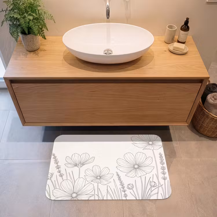 Minimalistisch - Modern - Bloemen - Beige Badmat middel -sfeer1