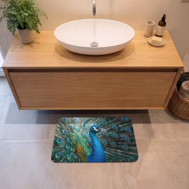 Pauw - Veren - Blauw Badmat klein -sfeer1