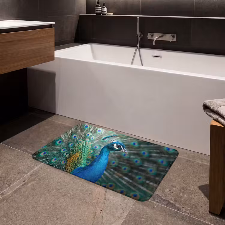 Pauw - Veren - Blauw Badmat klein -sfeer3