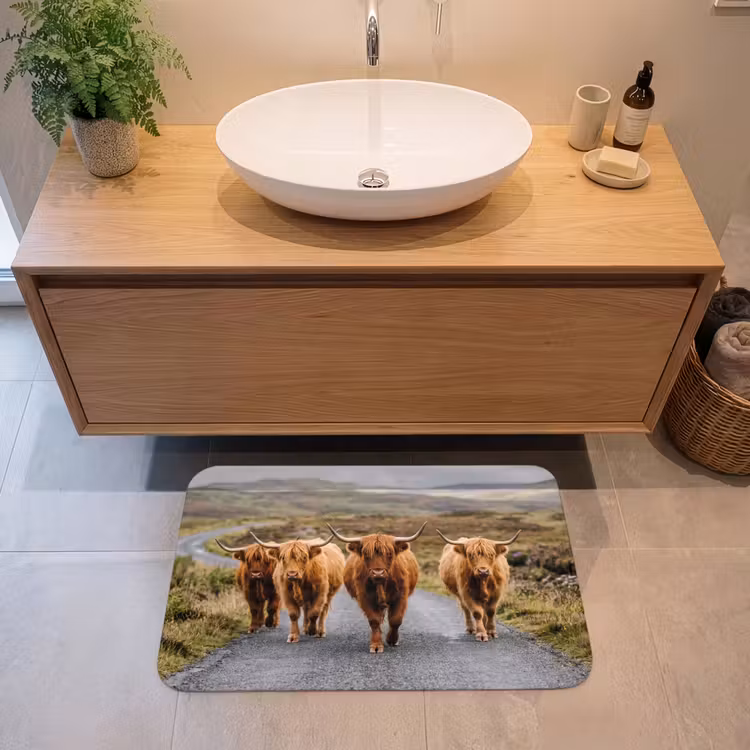 Schotse Hooglanders - Weg - Landschap - Kudde Badmat klein -sfeer1