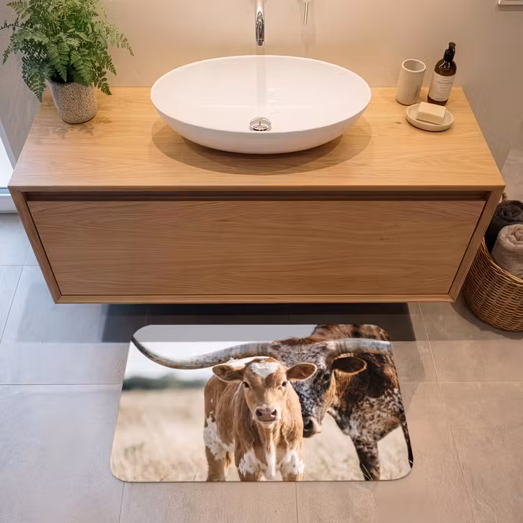 Texas Longhorn - Kalf - Weide - Dieren Badmat klein -sfeer1