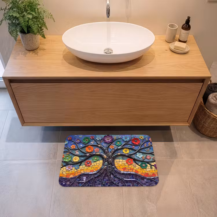 Levensboom - Mozaïek - Bloemen - Kleurrijk - Vrolijk Badmat klein -sfeer1