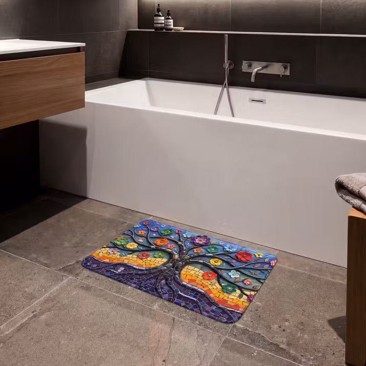 Levensboom - Mozaïek - Bloemen - Kleurrijk - Vrolijk Badmat klein -sfeer3