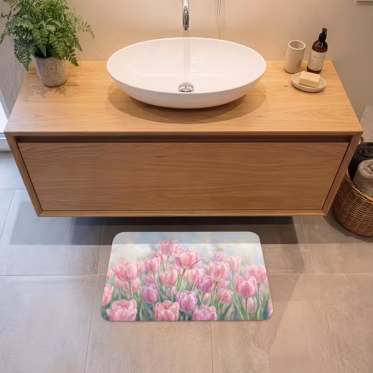 Tulpen - Veld - Lente - Roze Badmat klein -sfeer1