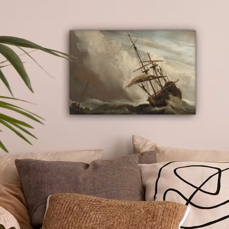 Een schip in volle zee bij vliegende storm - Schilderij van Willem van de Velde canvas 2cm klein -sfeer1