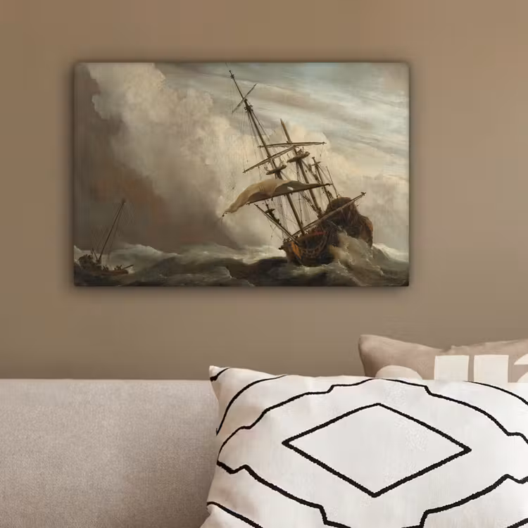 Een schip in volle zee bij vliegende storm - Schilderij van Willem van de Velde canvas 2cm klein -sfeer3
