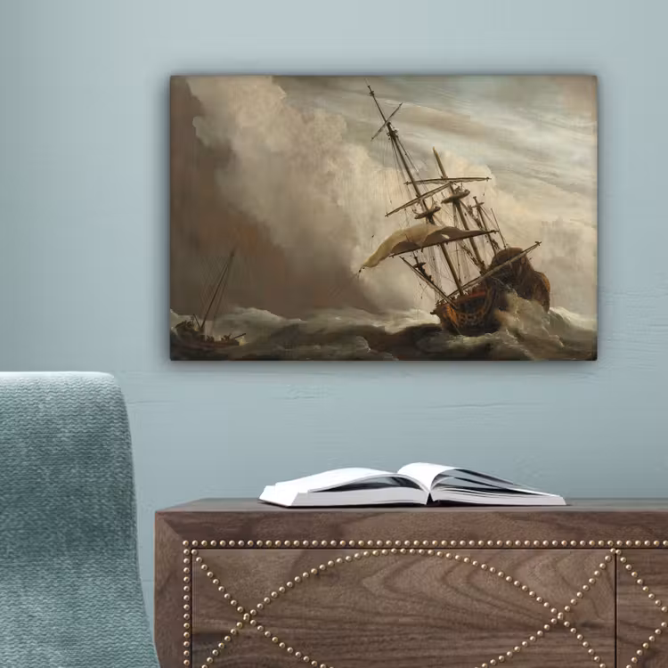 Een schip in volle zee bij vliegende storm - Schilderij van Willem van de Velde canvas 2cm klein -sfeer4