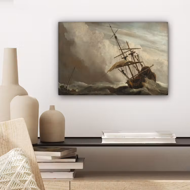Een schip in volle zee bij vliegende storm - Schilderij van Willem van de Velde canvas 2cm klein -sfeer6