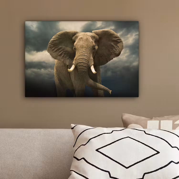 Afrikaanse olifant tegen de donkere wolken canvas 2cm klein -sfeer3