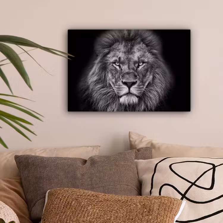 Dieren - Leeuw - Zwart - Wit - Portret canvas 2cm klein -sfeer1