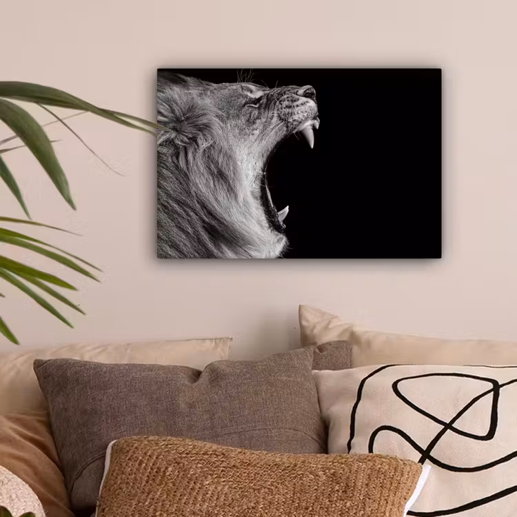 Dieren - Leeuw - Zwart - Wit - Portret canvas 2cm klein -sfeer1